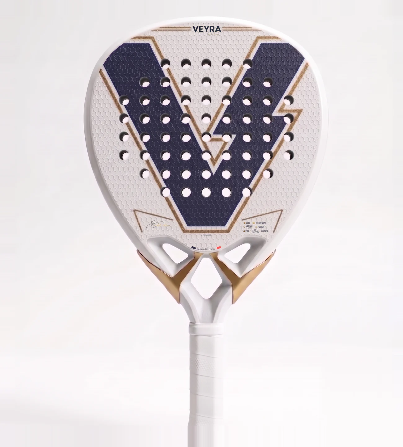 Raquette Veyra V-PRO, forme diamant, cadre navy et or, monogramme V, vue complète